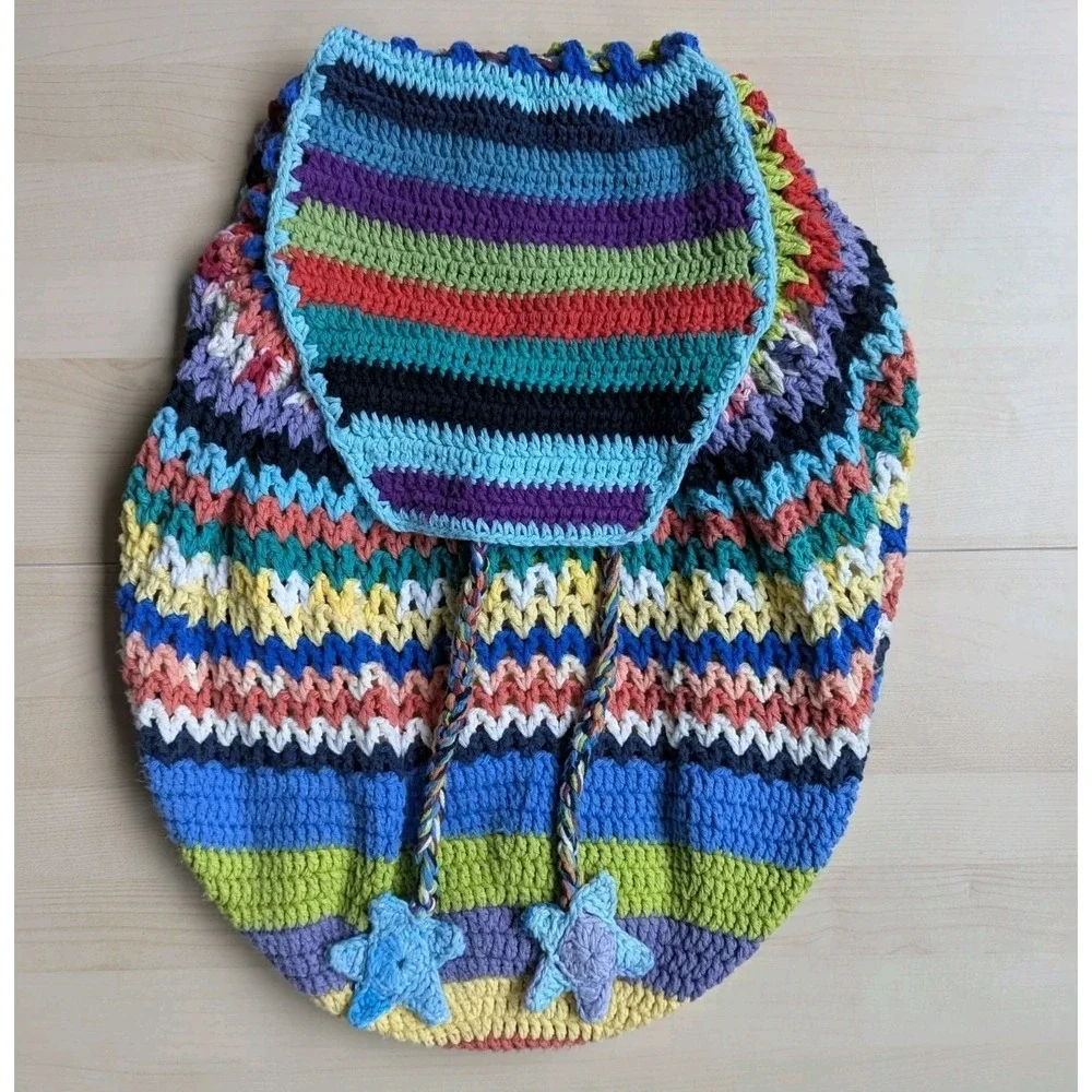 Handmade Multicolor Star Charm Striped‎ Crochet Hobo Backpack Cotton Dopamine